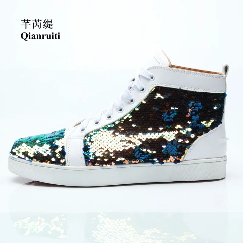 

Qianruiti 2019 Men Bling Sequins Sneaker Lace-up Flat High Top Shiny Shoes Men Runway Chaussure Hommes Plus Size EU39-47