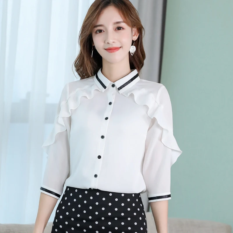 Женская шифоновая блузка с рукавом три четверти летняя офисная оборками в