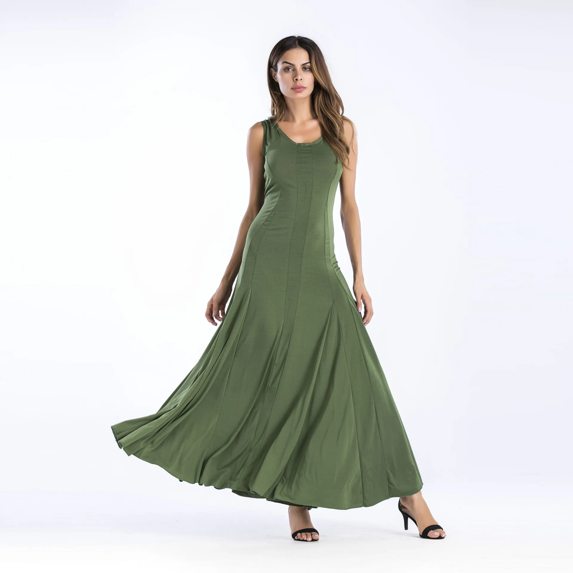 

MC New 7680 Famous cotton European and American Fashion Women Clothes Summer Sleeveless Pure Color Dress Slim Sexy Pendant Dress