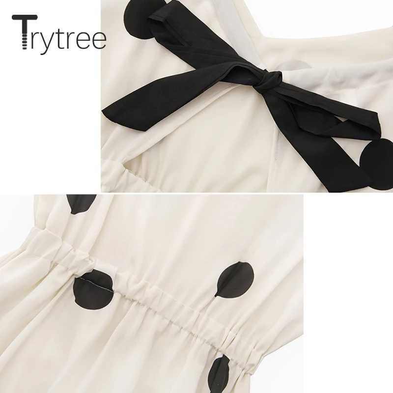 Trytree летнее повседневное женское платье в горошек полиэстер на завязках талии