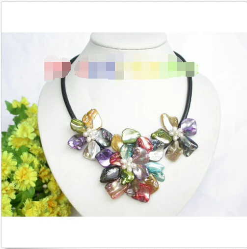 

Genuine bloom Multicolor pearl choker leather necklace j7439^^^@^Noble style Natural Fine jewe FREE SHIPPING