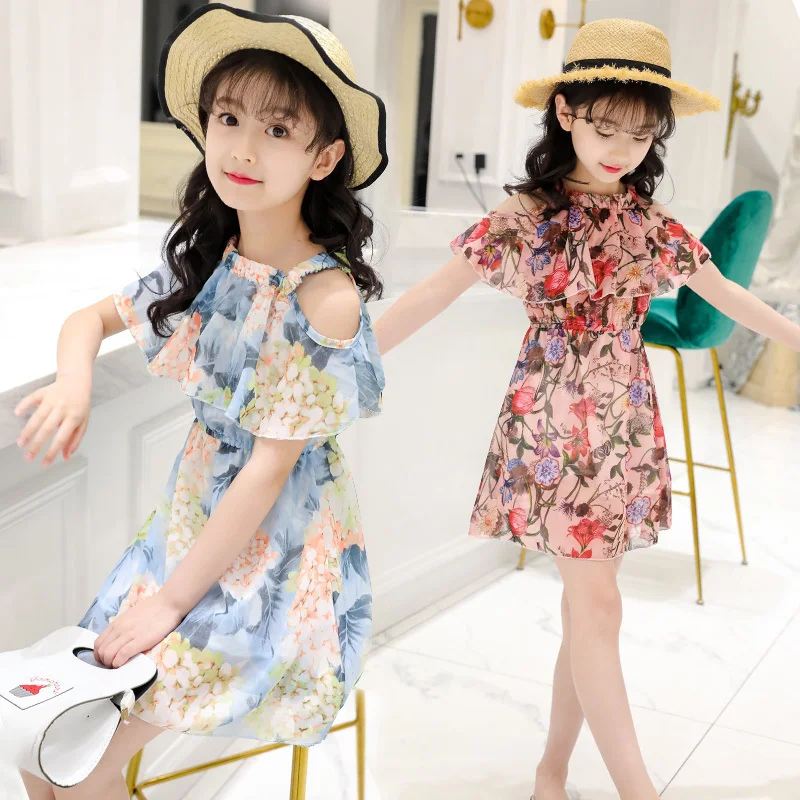 Детское шифоновое платье с открытыми плечами и рюшами для девочек-подростков 3-11