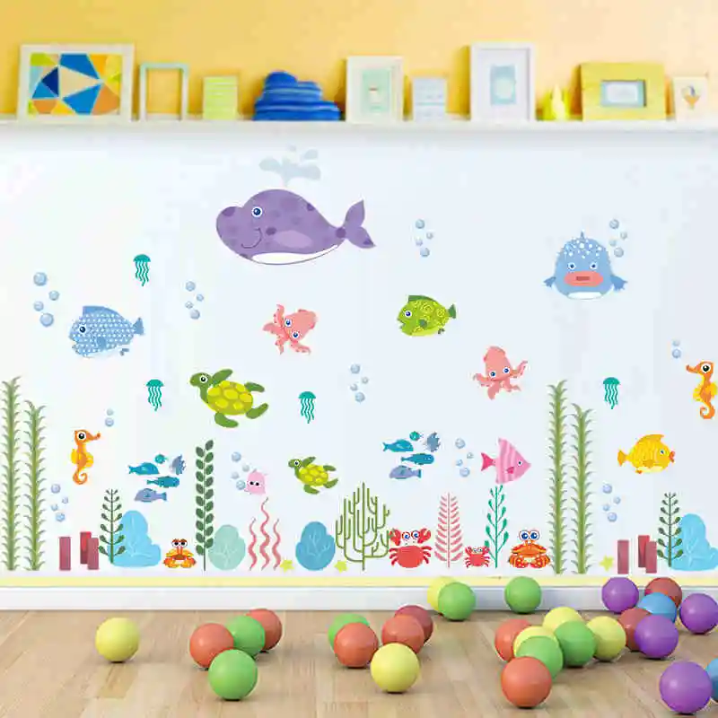 С подводным миром и морскими рыбами пузыри черепаха Wall Art декоративные Ванная комната Детская плакат для украшения спальни коробка наклейки на стену Наклейка
