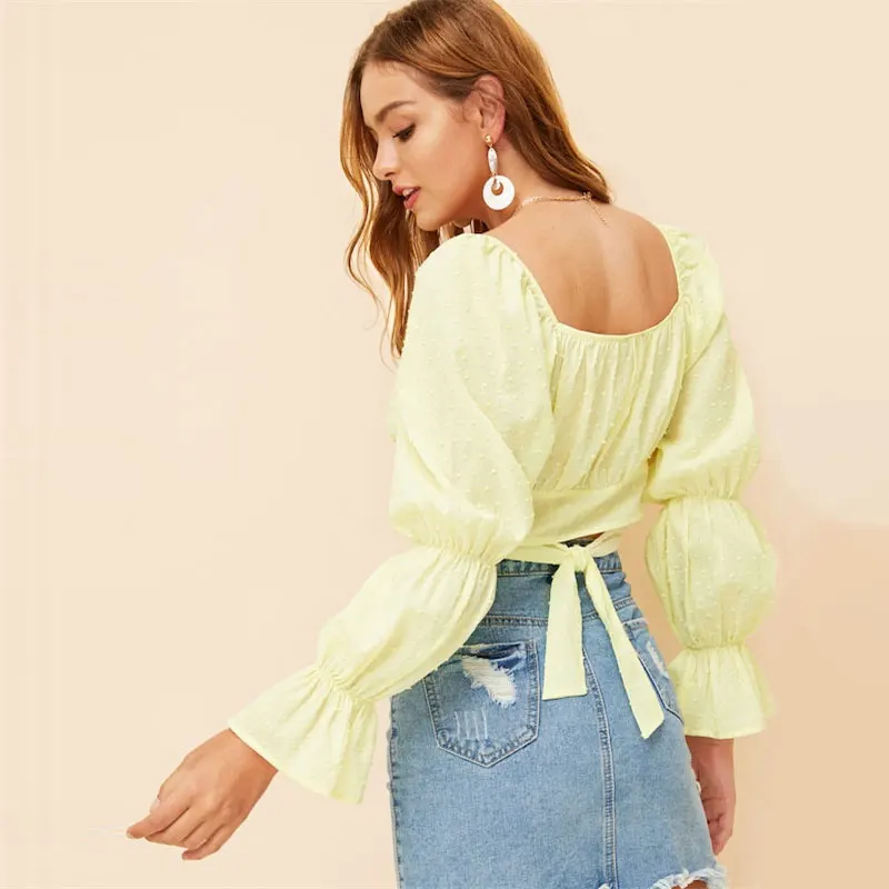 SHEIN Укороченный Топ С Открытой Спиной И Глубоким Вырезом, Блузка С Оригинальными Рукавами