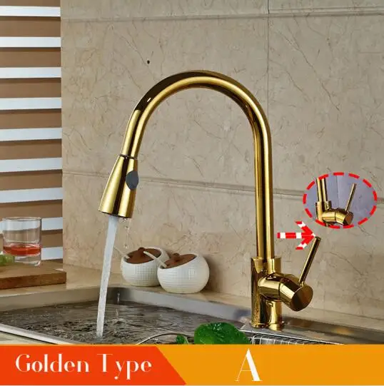 Golden Type A Кухонный кран выдвижной кухонный кран для раковины Золотой хромированный матовый 360 Вращающийся поток распыляющий смеситель кран горячая холодная колода монтажный Тор - Цвет: Golden Type A