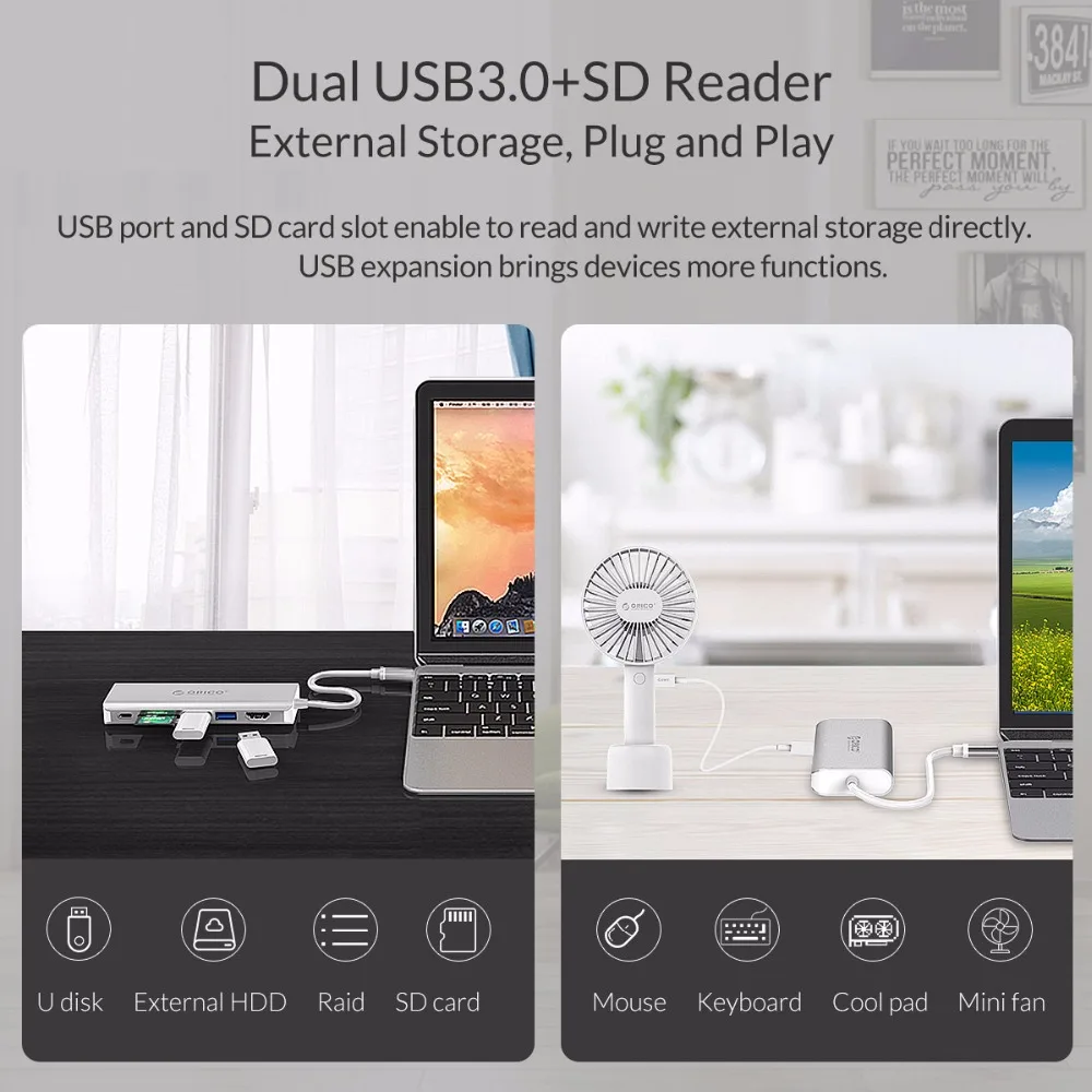 ORICO USB C концентратор type C-HDMI RJ45 VGA для MacBook samsung HUAWEI type C USB 3,0 концентратор 15 см usb-хаб