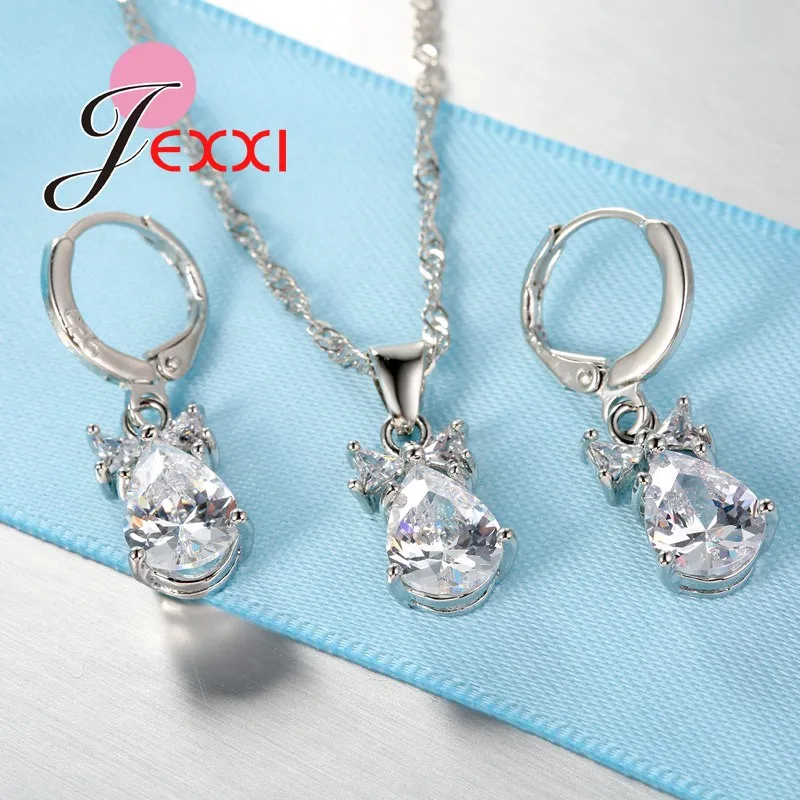 

Simple Fashion Elegant Necklace Earrings Jewelry Sets Fantastic Oval Shape Bowknot Crystal Pendant Women Silver Gifts