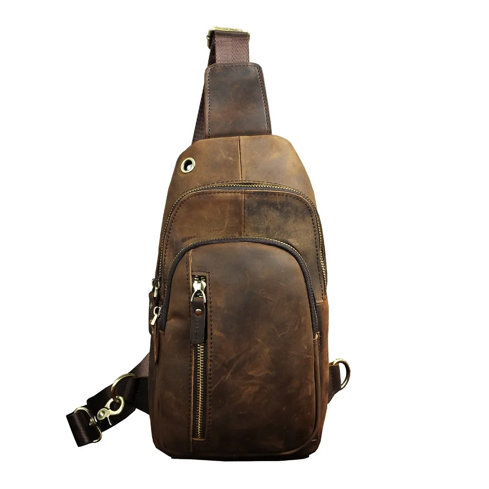 

Genuine Leather men Casual Fashion Travel Triangle Chest Sling Bag Design 8" Tablet One Shoulder Strap Bag Daypack Male 8005