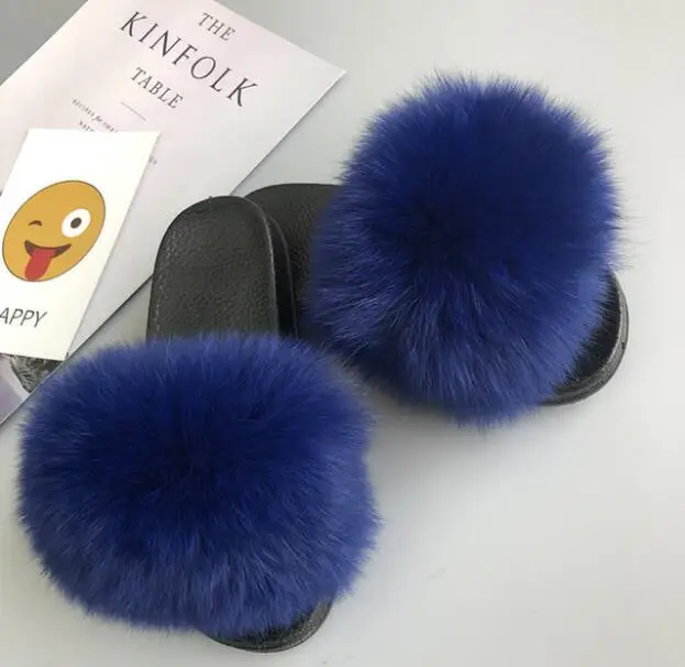 Royal Blue COOLSA/женские нескользящие шлепанцы на плоской подошве с лисьим мехом; женские меховые шлепанцы; женские плюшевые меховые тапочки; Прямая поставка; обувь на меху; женская обувь; Лидер продаж - Цвет: Royal Blue