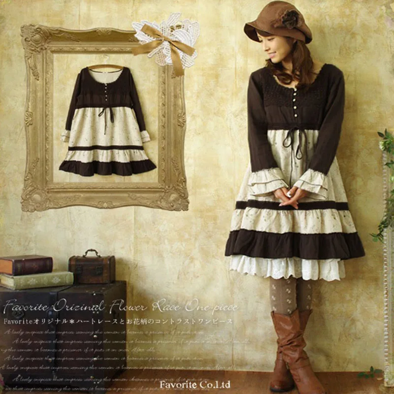 

Japanese Mori Girl Floral Printing Patchwork Dress Women Sweet Tie Button Full Sleeve Cotton Female Kawaii Lolita Dress C051