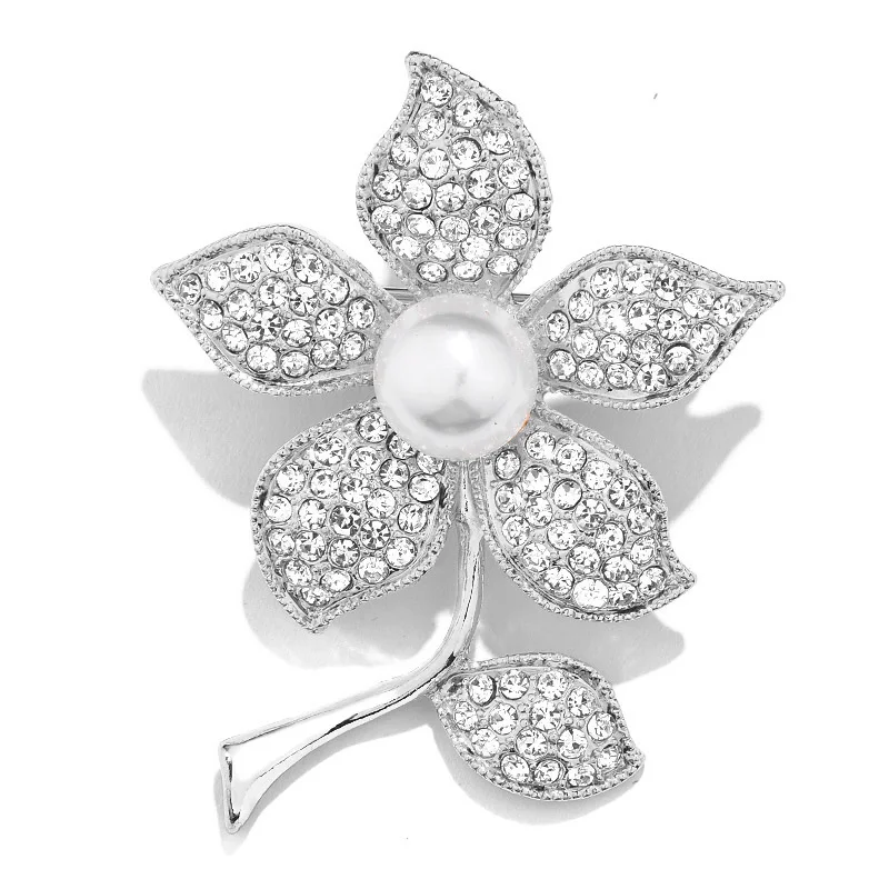 New Elegant White Crystal Rhinestone Flower Brooch Pin Fashion Wedding Bride Bridesmaid Simulated-pearl Brooches Pins Jewelry | Украшения и