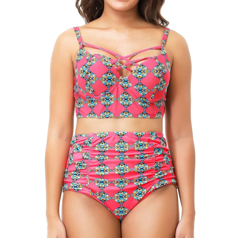 Женский купальный костюм Maillot купальник из двух частей с высокой талией и рюшами