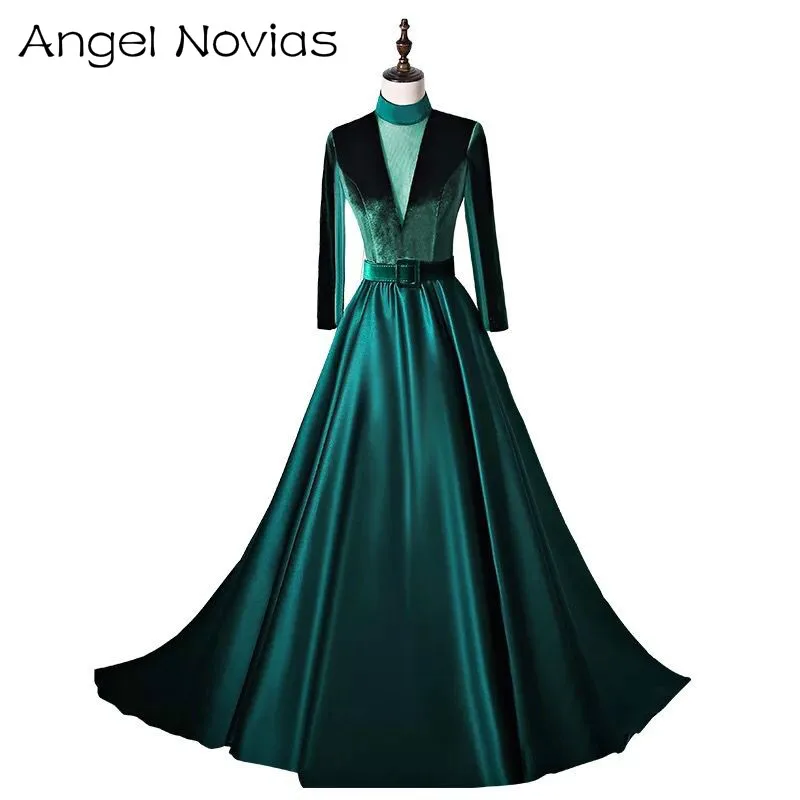 Женское вечернее платье Angel Novias зеленое и черное с длинным рукавом высоким