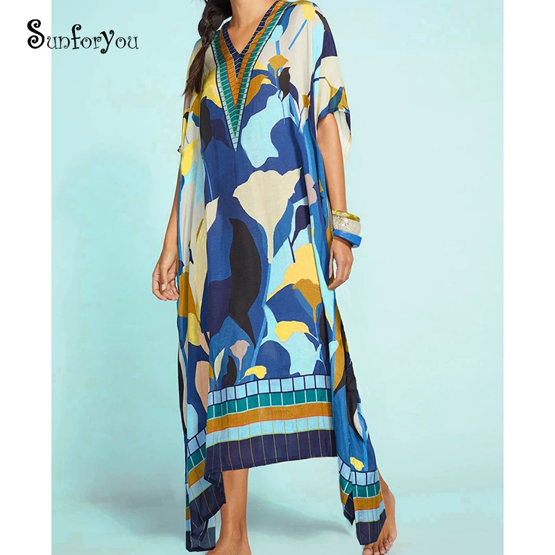 Размера плюс с принтом длинное пляжное платье Robe de хлопковый кафтан пляжные