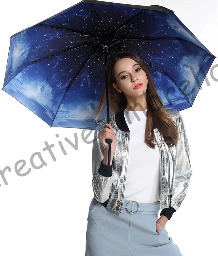 Offerte 2 Pz/lotto Opzioni Di Colore Fibra Di Vetro Antivento 5 Volte Rivestimento Nero Anti-UV Parasole Tasca Pieghevole Cielo Stellato Ombrello Stampato