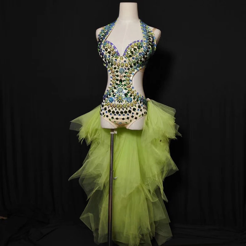 

Стразы и желтый хвост сексуальный вырезанный джазовый танцевальный костюм для женщин ночной клуб день Рождения Вечеринка бар DJ Gogo певец од...