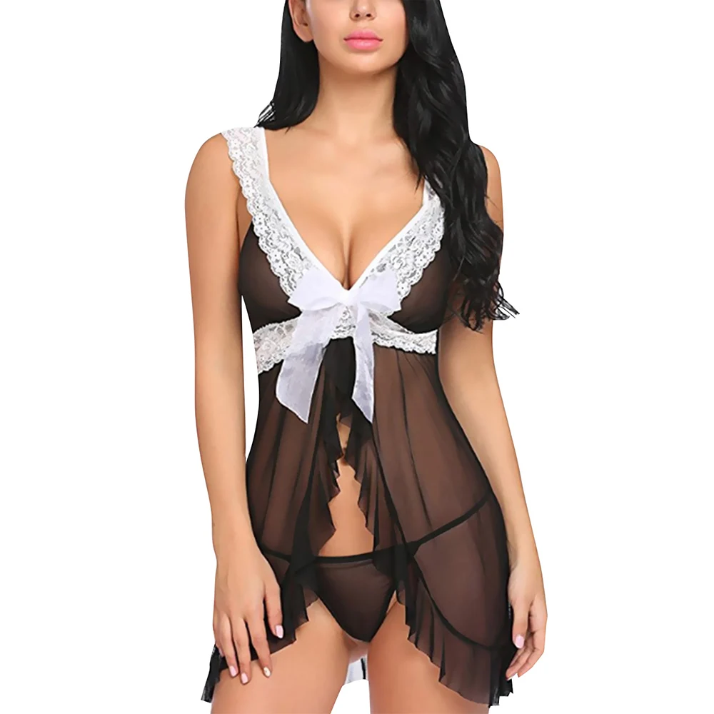 Ночная рубашка Сексуальная Babydoll женское белье Платье женское Сетчатое белье сексуальная ночная рубашка сексуальная женщина ночная рубашка+ стринги черный/красный/розовый/фиолетовый