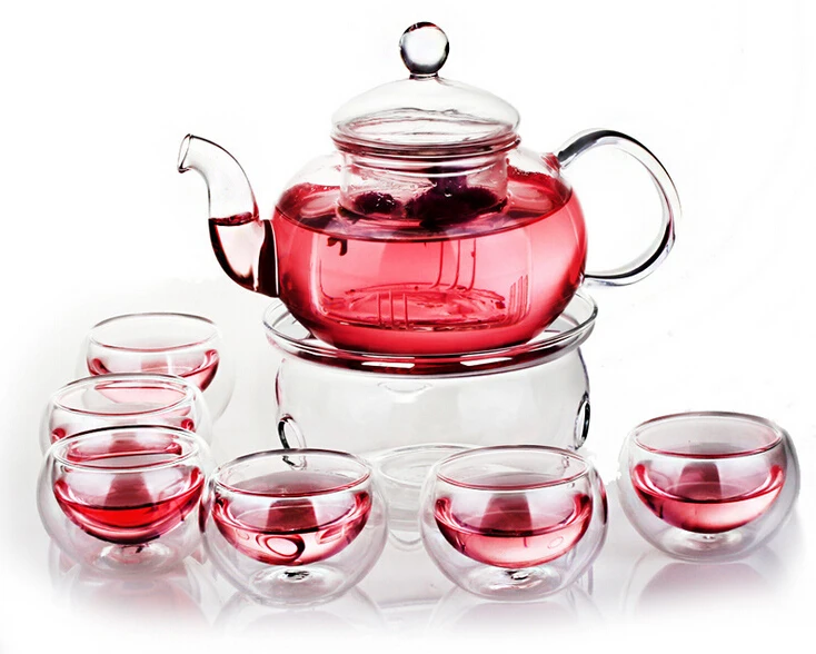 

Borosilicate Tea Pot Set Infuser Teapot+Warmer+6 Double Wall Tea Cups