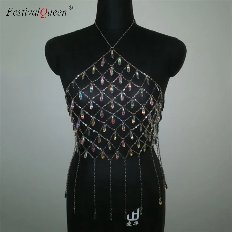 FestivalQueen Блестящий Кристалл блесток укороченный Топ для женщин Блестящий сексуальный Холтер открытая спина металлическая цепь обрезанный клубный Топ для леди