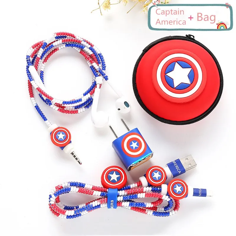 Captain America Модный милый мультяшный usb-кабель протектор для наушников комплект кабель Стикеры для намотки спиральный usb-шнур с зарядным устройством для Iphone для iPhone5 6 7 huawei samsung - Цвет: Captain America