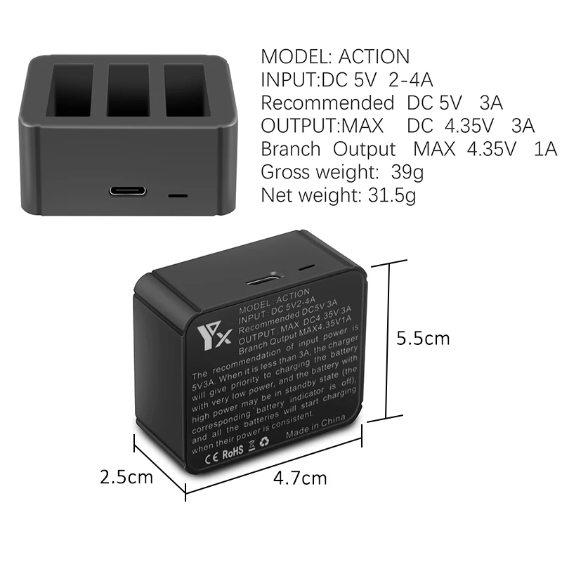 3 in 1 OSMO ACTION Battery Charger Hub TYPE-C Input 4.35V Lithium Charging Kit for DJI Accessories | Электроника