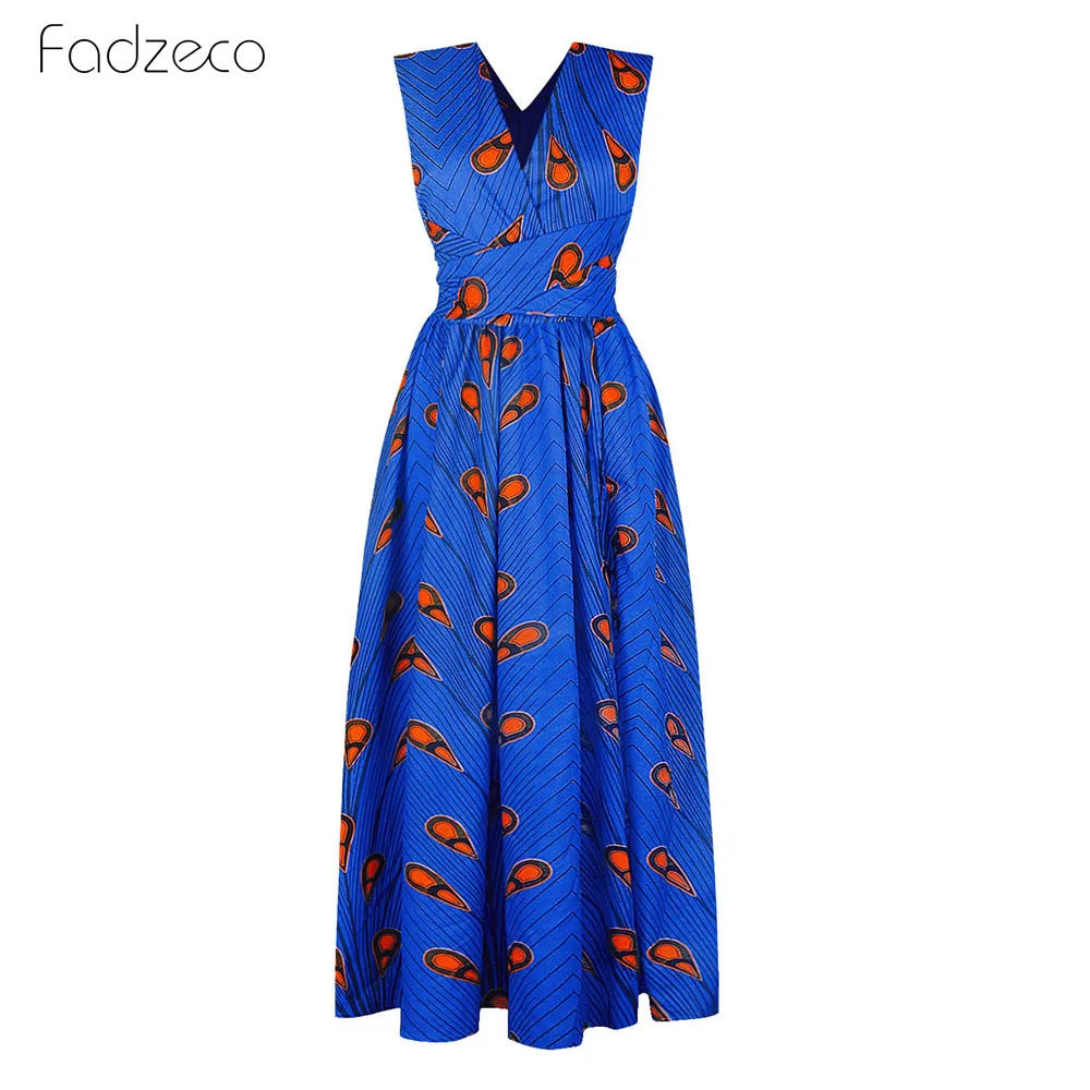 Blue Fadzeco Summer African Dresses for Women New Fashion Robe Dashiki Dress Ethnic Print Backless Sexy African Dress - Цвет: Blue