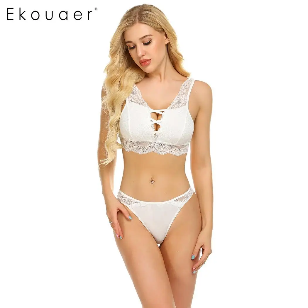 white Ekouaer женский сексуальный комплект нижнего белья, нижнее белье, сетчатая Цветочная сорочка, бюстгальтер и трусики, комплект нижнего белья, бюстгальтер - Цвет: white