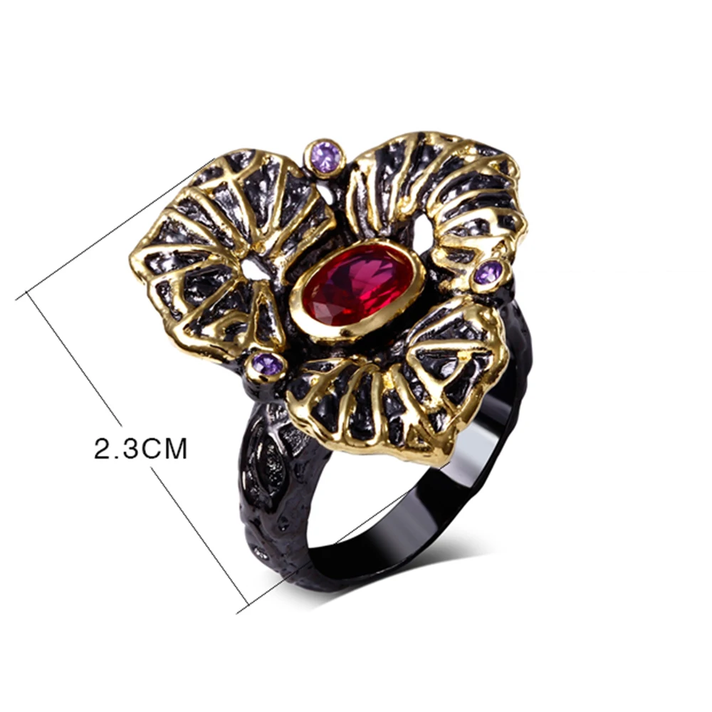 Винтажное кольцо с черным листом круглым красным и фиолетовым фианитом|leaf ring|finger