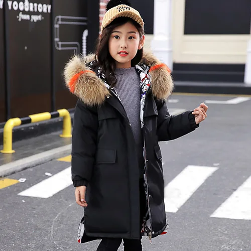 black colorful fur Детская куртка для мальчиков, длинное пальто с капюшоном и натуральным мехом, парка для больших детей 8, 10, 14 лет, для мальчиков-подростков-30 лет, модное зимнее пальто для русской зимы, двойная одежда - Цвет: black colorful fur