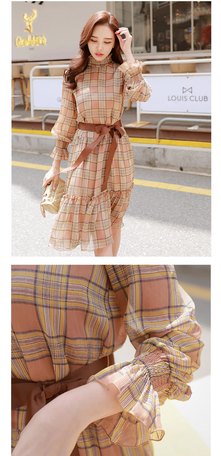 Dabuwawa New Spring Vintage Midi Dresses Women Ladies Plaid Bow Tie Turtleneck Chiffon Dress D18CDR086