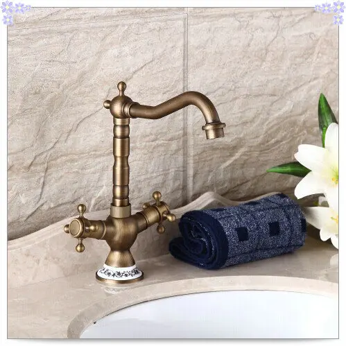 Dual handle antique brass porcelain kitchen faucet bronze sink tap mixer vintage style papel de p | Обустройство дома