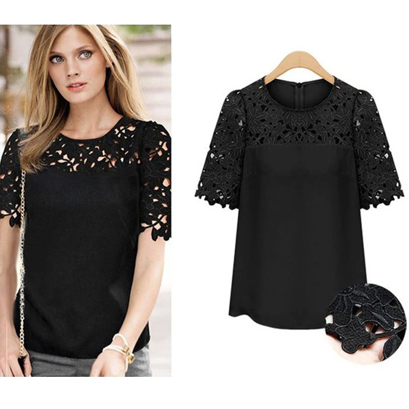 2016 летняя женская шифоновая блузка белая кружевная с баской круглый вырез