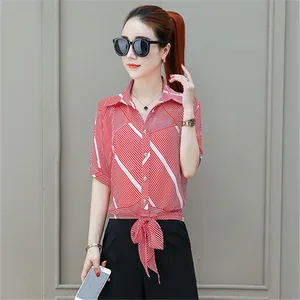 Шифоновая рубашка, женская летняя блузка, новая рубашка с коротким рукавом летучая мышь, женская Свободная блузка в полоску, рубашки, Женский Топ DF2589