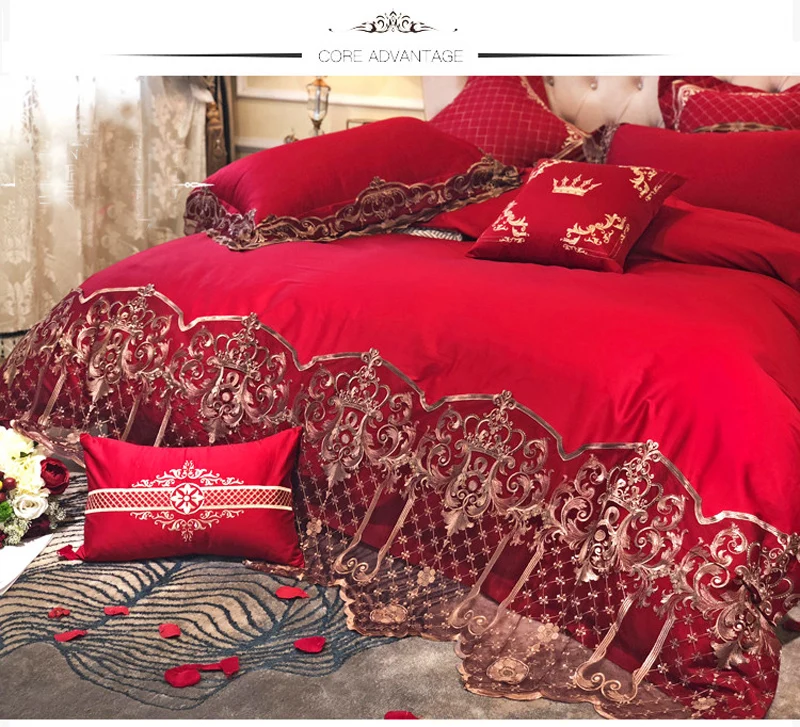 Luxury Lace 100S Egyptian cotton Red Wedding Bedding sets Queen King size Royal Duvet cover Bed sheet set Pillowcase 4/6pcs | Дом и сад