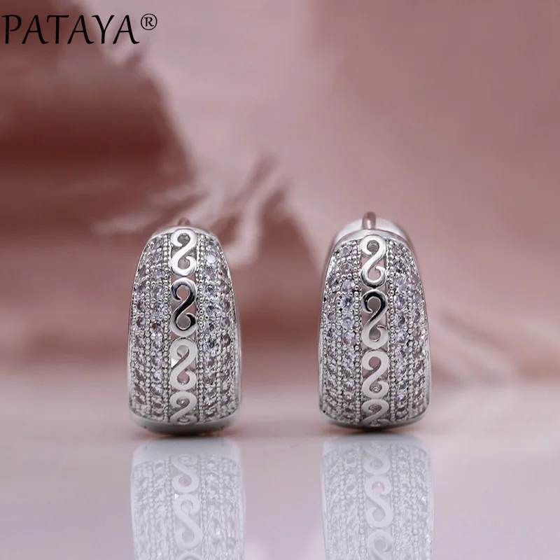 PATAYA New Natural Zircon Hollow Dangle Earrings Women Fine Noble Fashion Jewelry White Gold Wedding Party Round Unique Earrings