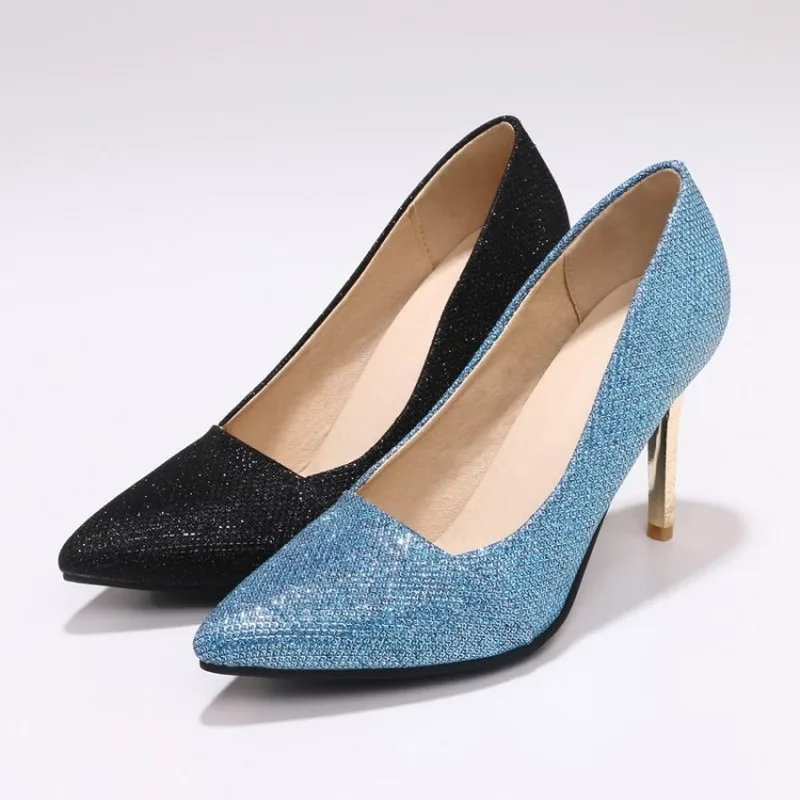 

2018 Summer Womens PU High Heel Pumps Shallow Pointed Toe Shoes Evening Party Bling Heels Fashion Sequins Plus Size 33 - 46