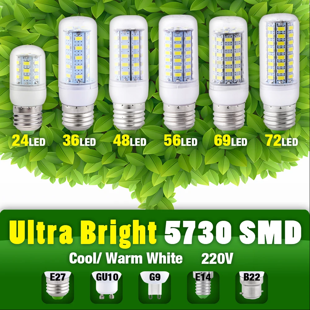 E27 светодиодный лампы E14 24 36 48 56 69 72 светодиодный s SMD5730 G9 GU10 B22 лампа светильник переменного тока 220V 230V 240V 5730 Кукуруза лампы Люстра светильник s