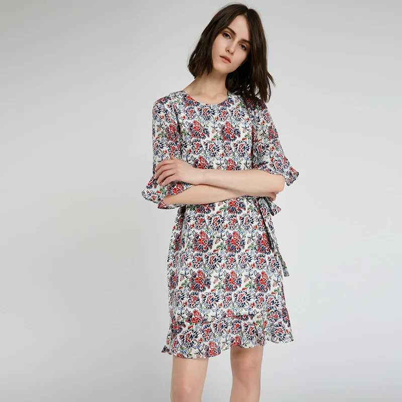 Женская летняя печати dress 2017 рябить подол шелкового dress|silk dress|print dresswomen summer |