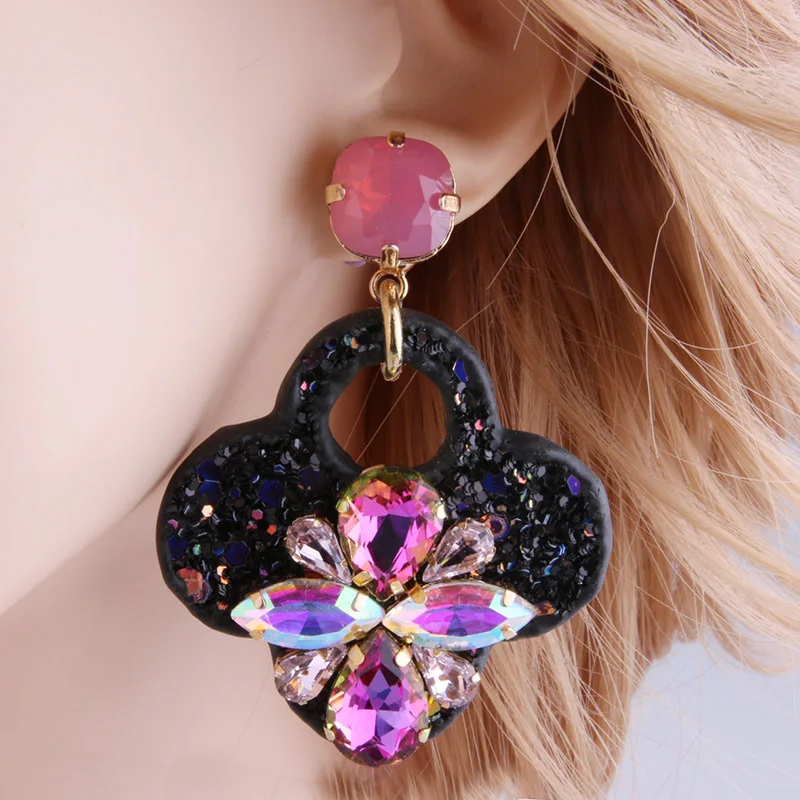 Кожаные серьги NeeFu WoFu большие капельки с кристаллами клевера рождественский