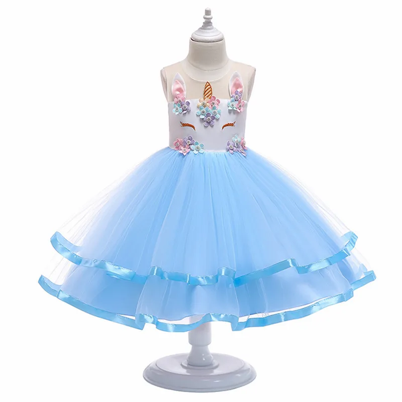 Blue Dress Only С цветочным узором для девочек с единорогом; платье-пачка пастельная Радуга для свадьбы, вечерние Детские платья для маленьких девочек модные Рождественская одежда - Цвет: Blue Dress Only