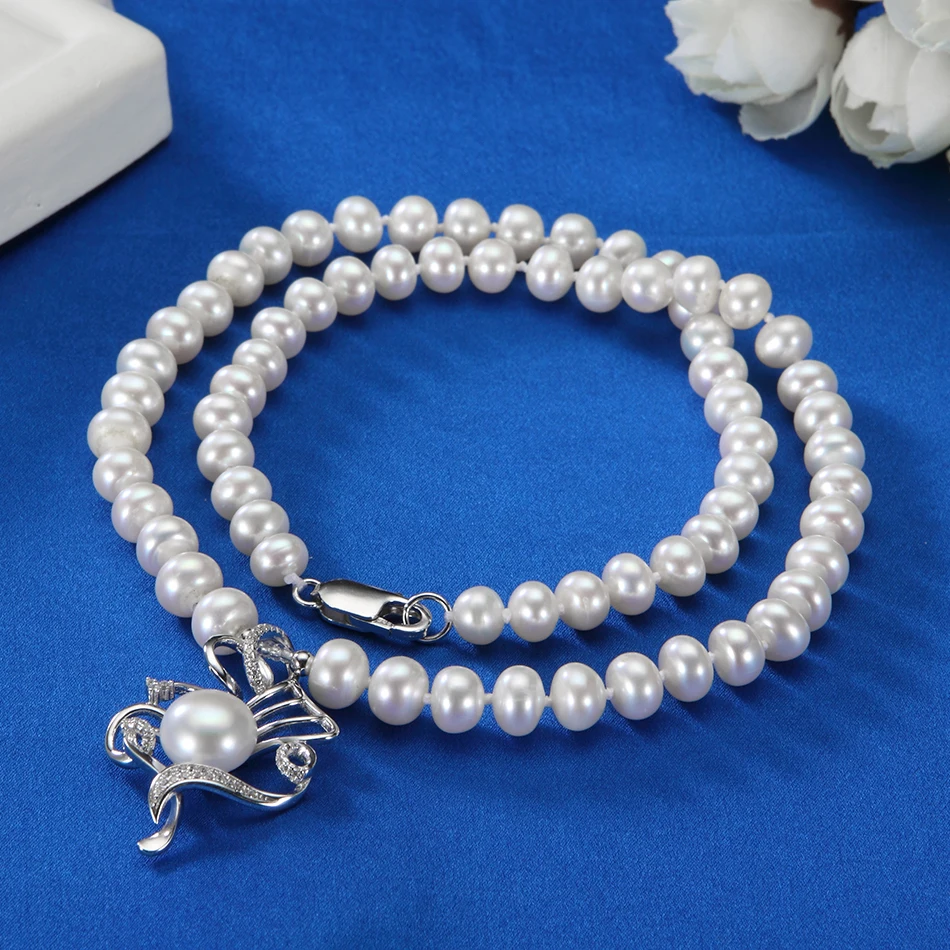 

FEIGE White Natural Freshwater Pearl Necklaces 925 Sterling Silver Inlay Cubic Zirconia Pendant for Women Handmade Pearl Jewelry