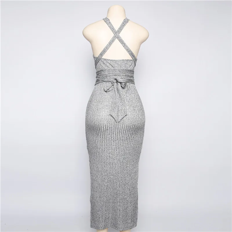 

Halter Backless Cross Bandage Dress Sexy Off Shoulder Split Bodycon Knitted Dress Summer Sleeveless Slim Women Dresses