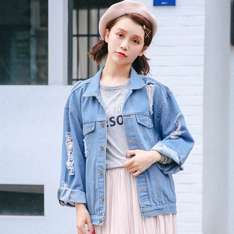 

Harajuku Women Denim Jacket Fashion Ripped Hole Loose Jean Coats Female Blue Basic Jackets Woman Autumn Coat 2018