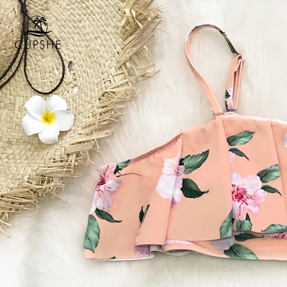 CUPSHE розовый цветочный принт и зеленые полоски оборки бикини наборы для женщин