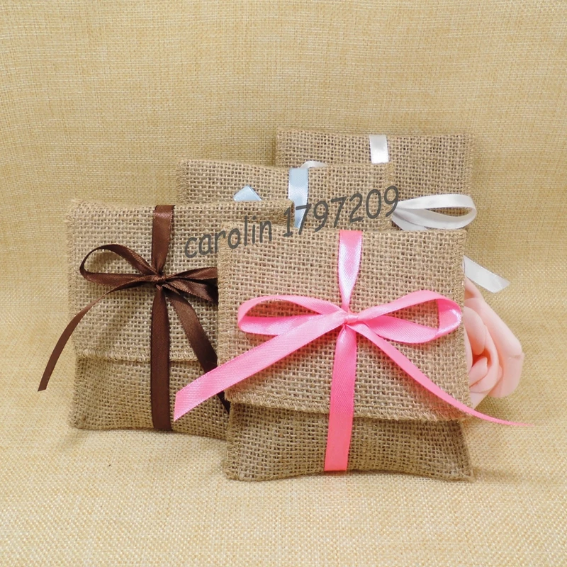 

20pcs/lot Burlap candy Bag jute Gift Pouch Favor Bags with ribbon rustic wedding decor vintage wedding decoration