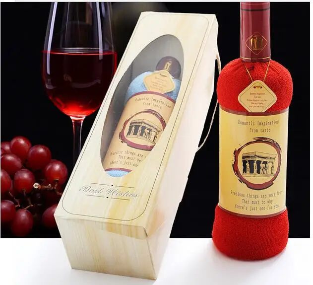 

10pcs box packing Valentine Day High Quality Cotton Creative Red Wine Bottle Shape Towel Gift Set Towel Cake Gift for Wedding