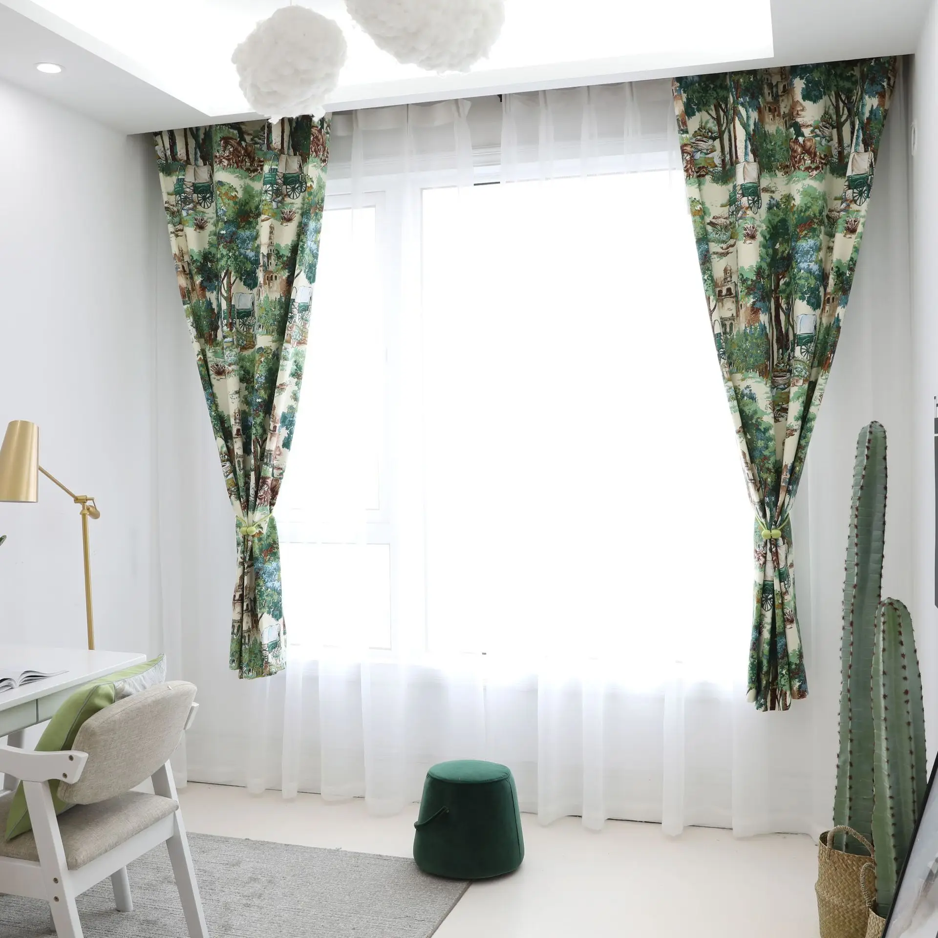 Готовые шторы Европейский печатный зеленый хлопок Amazon E commerce источник для