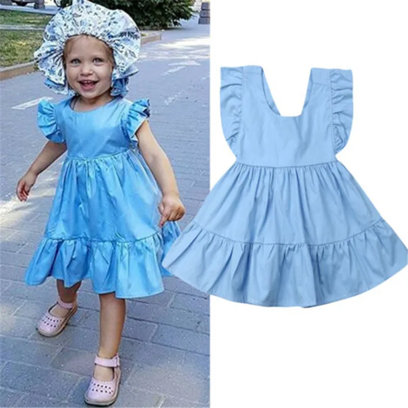 1-5 Years Fashion Baby Girls Dress Summer Ruffle Short Sleeve Kids Dresses For Solid Blue Casual Princess Girl Kid | Детская одежда и