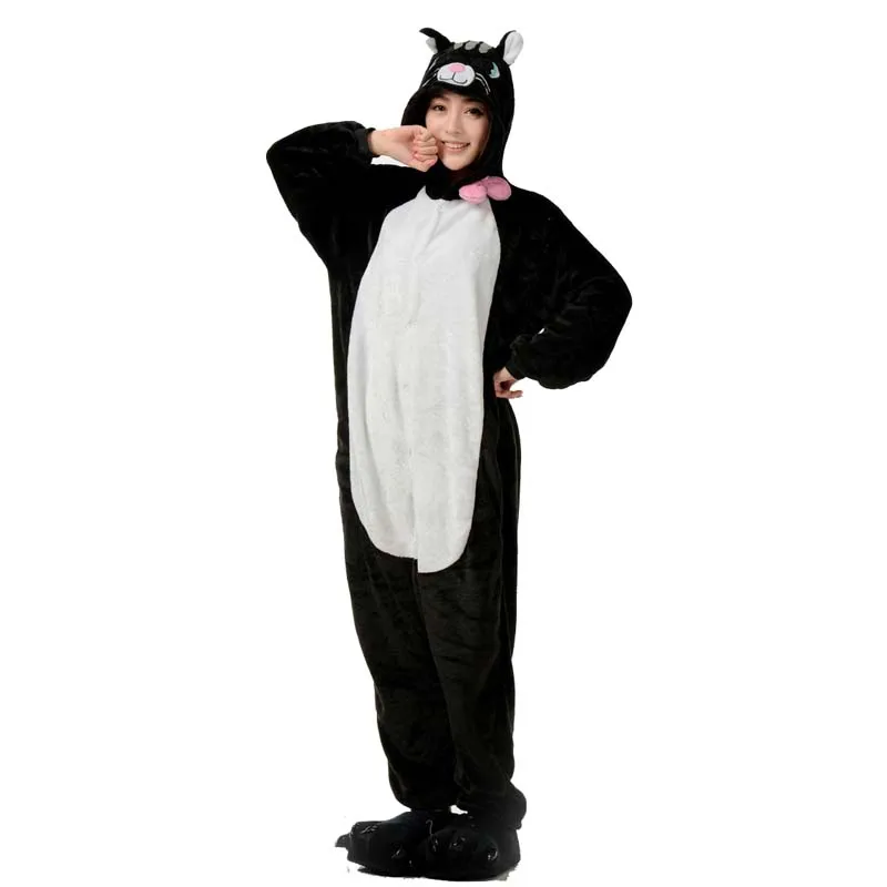 Фланелевая пижама в виде черной кошки комбинезон для взрослых кигуруми животных