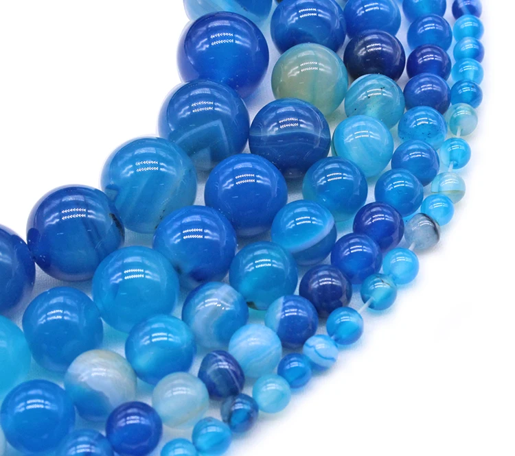 Natural Stone Beads Blue Stripe agat Onyx Round Loose Beads 4 6 8 10 12 14mm Fit Diy Space Beads Jewelry Making